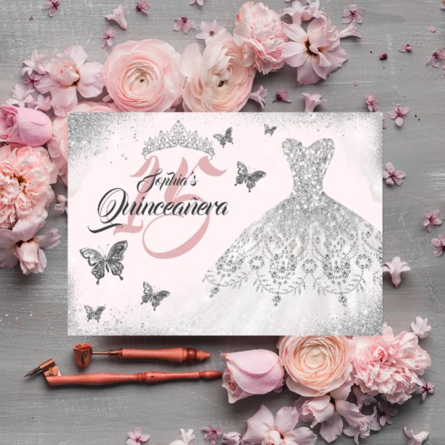 Pink Silver Butterfly Sparkle Dress Quinceanera Invitation (Creator Uploaded)