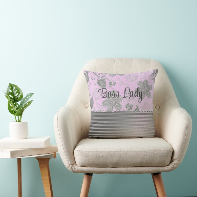 Pink Silver Chic Floral Boss Lady Silver Stripes  Cushion (Chair)