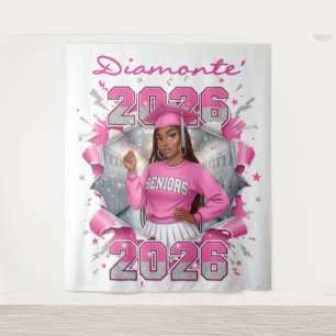 Pink & Silver Class of 2026 Senior Graduation Tapestry