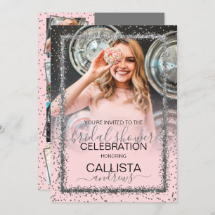 Pink Silver Confetti Border Photo Bridal Shower Invitation