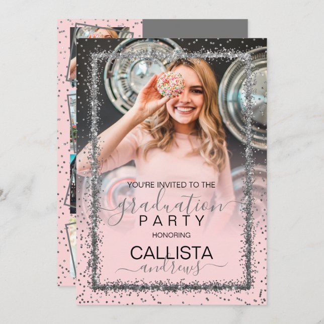 Pink Silver Confetti Border Photo Graduation Invitation (Front/Back)