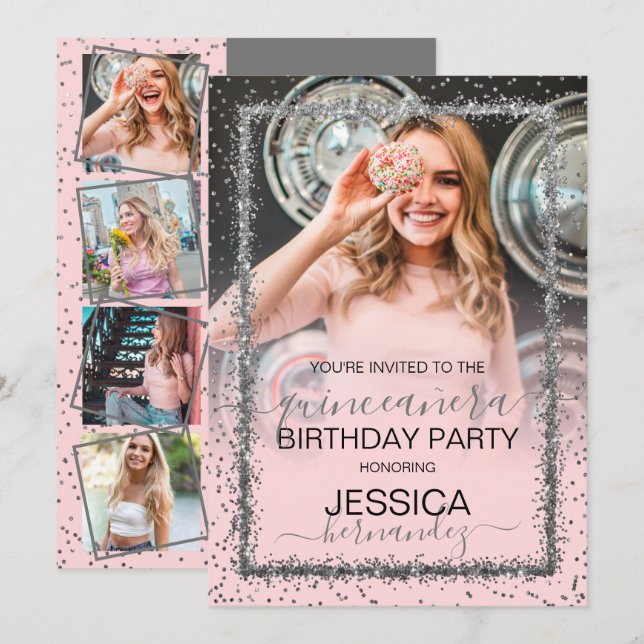 Pink Silver Confetti Border Photo Quinceañera Invitation (Front/Back)