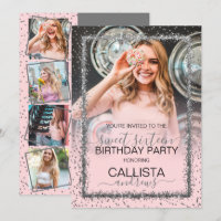 Pink Silver Confetti Border Photo Sweet 16