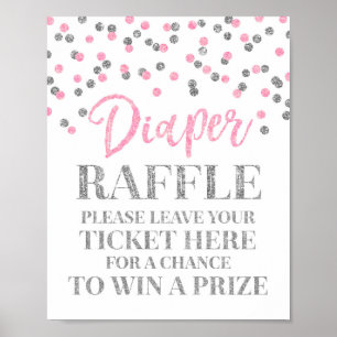 Pink Silver Confetti Diaper Raffle Baby Shower Poster