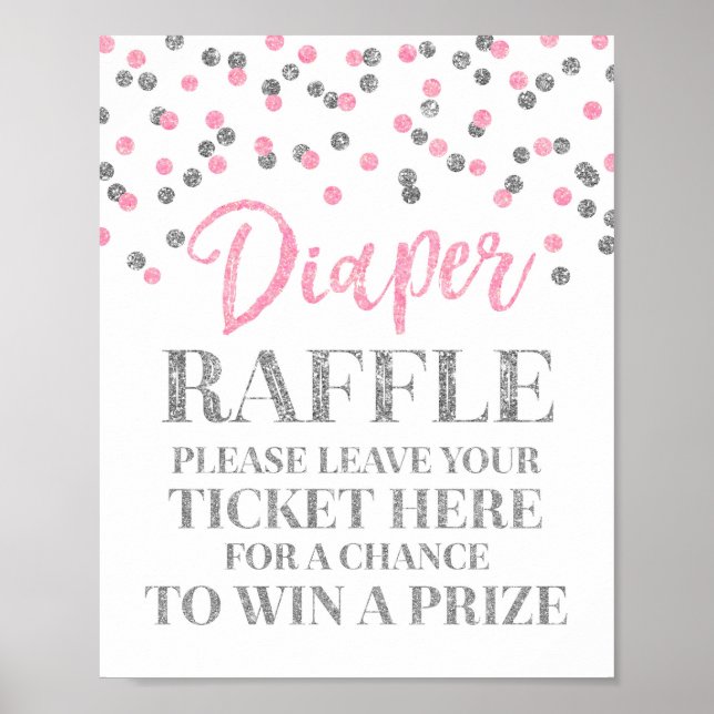Pink Silver Confetti Diaper Raffle Baby Shower Poster (Front)