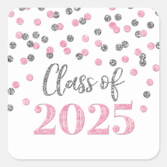 Pink Silver Confetti Graduation 2025 Square Sticker (Front)