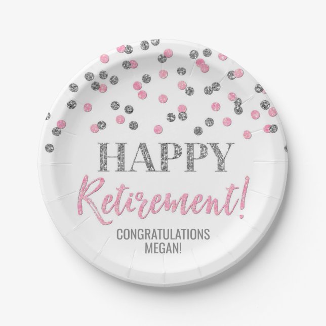 Pink Silver Confetti Happy Retirement Paper Plate (Front)