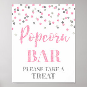Pink Silver Confetti Popcorn Bar Sign