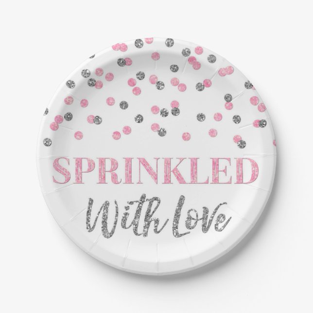 Pink Silver Confetti Sprinkled with Love Paper Plate (Front)