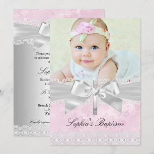Pink Silver Cross Lace Bow Photo Baptism Invitation
