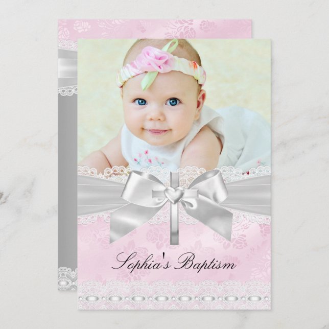 Pink Silver Cross Lace Bow Photo Baptism Invitation (Front/Back)