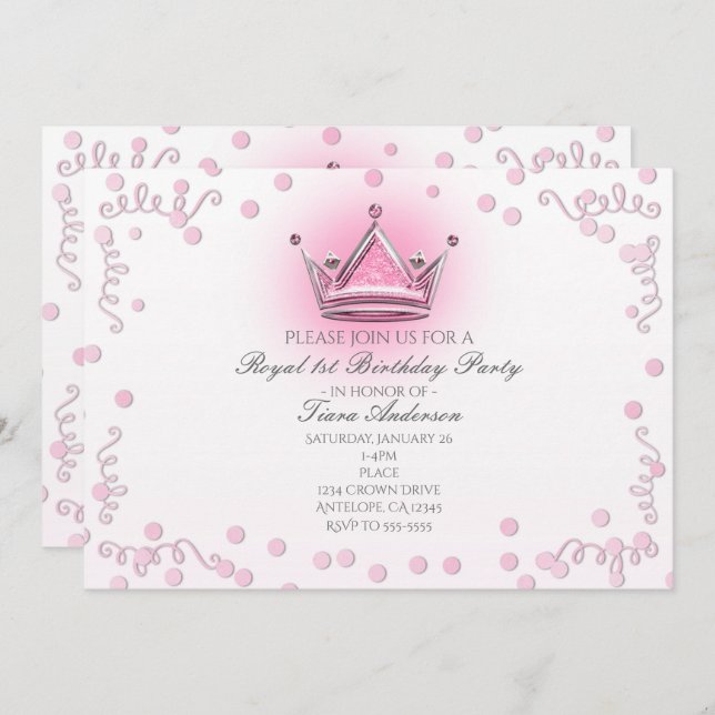 Pink & Silver Crown Party Confetti Invitation (Front/Back)