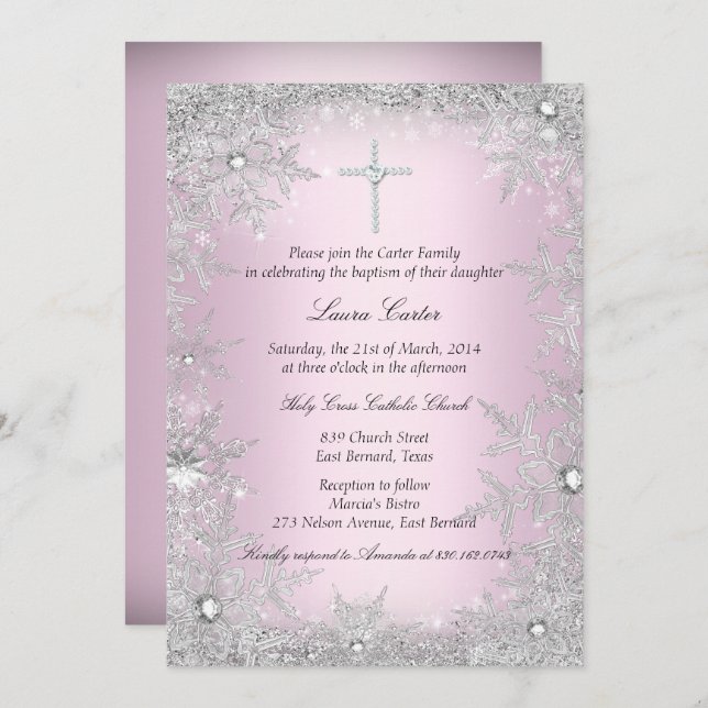 Pink Silver Crystal Snowflake Baptism/Christening Invitation (Front/Back)
