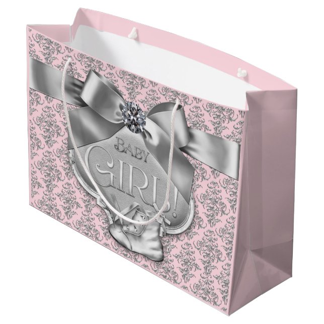 Pink Silver Damask Baby Girl Large Gift Bag (Back Angled)