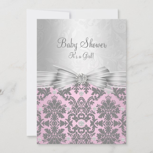 Pink & Silver Damask Baby Shower Invitation (Front)