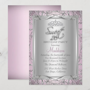 Pink Silver Damask Tiara Sweet 16 Invitation
