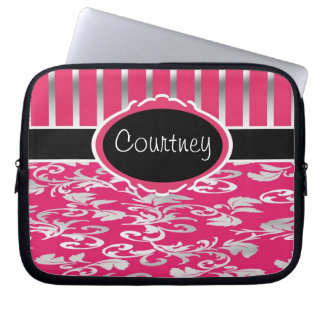Pink & Silver Damask with Black Laptop Sleeve