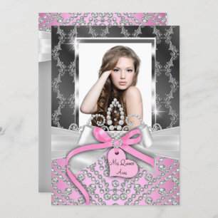 Pink Silver diamond Bow Photo Quinceanera Invite