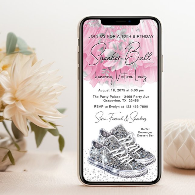 Pink Silver Diamond Sneaker Ball Birthday Phone Invitation (You can change all of the text, fonts, wording as needed for your event.)