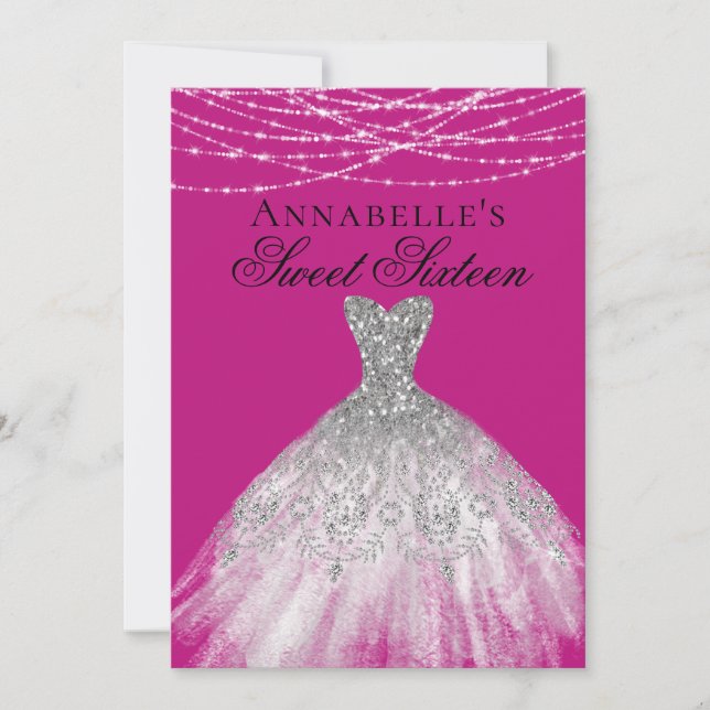 Pink  & Silver Diamond Sparkle Dress Sweet 16 Invitation (Front)
