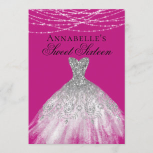 Pink & Silver Diamond Sparkle Dress Sweet 16 Invitation