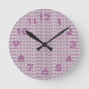 Pink Silver Diamond Studed Gems Round Clock