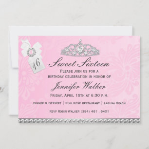 Pink & Silver Diamond Tiara Sweet Sixteen Invite