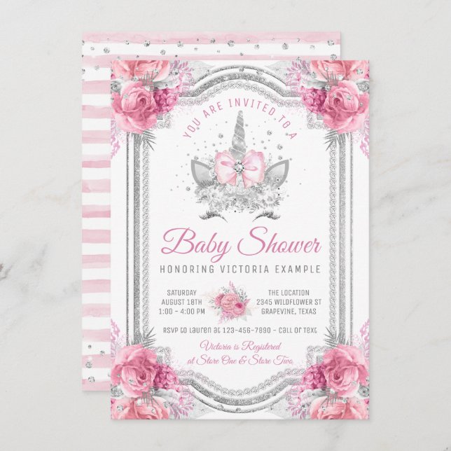 Pink Silver Diamond Unicorn Baby Shower Invitation (Front/Back)