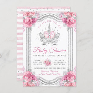 Pink Silver Diamond Unicorn Baby Shower Invitation