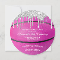 Pink Silver Drip Girls Basketball Invitation