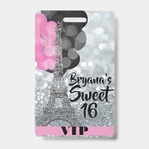 Pink Silver Eiffel Tower Balloons VIP Pass Badge ID Badge