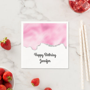 Pink & Silver Faux Glitter Border Stylish Birthday Napkin