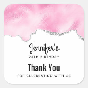 Pink & Silver Faux Glitter Border Stylish Birthday Square Sticker