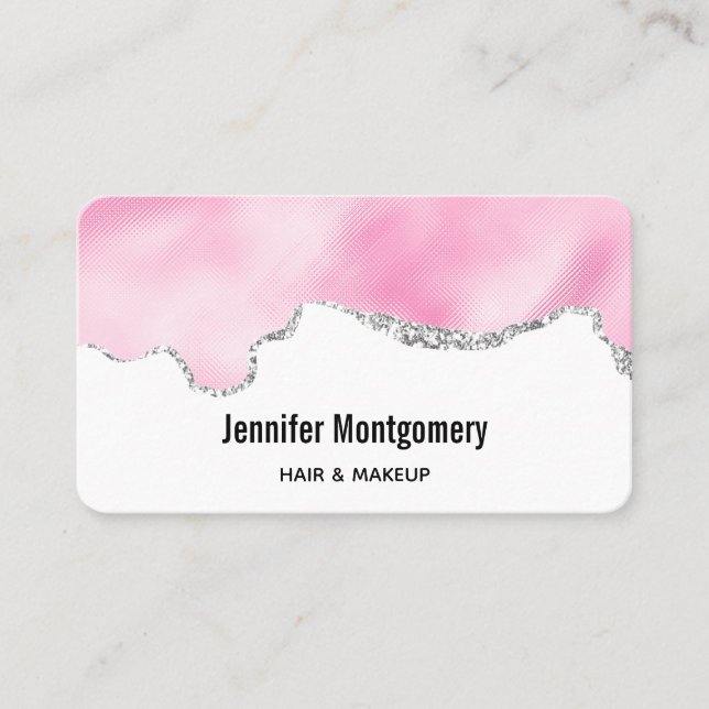 Pink & Silver Faux Glitter Border Stylish Business Card (Front)