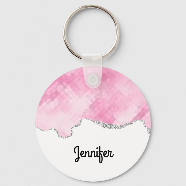 Pink & Silver Faux Glitter Border Stylish Key Ring (Front)
