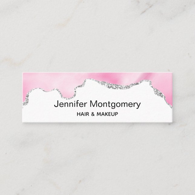 Pink & Silver Faux Glitter Border Stylish Mini Business Card (Front)
