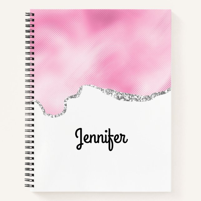 Pink & Silver Faux Glitter Border Stylish Notebook (Front)