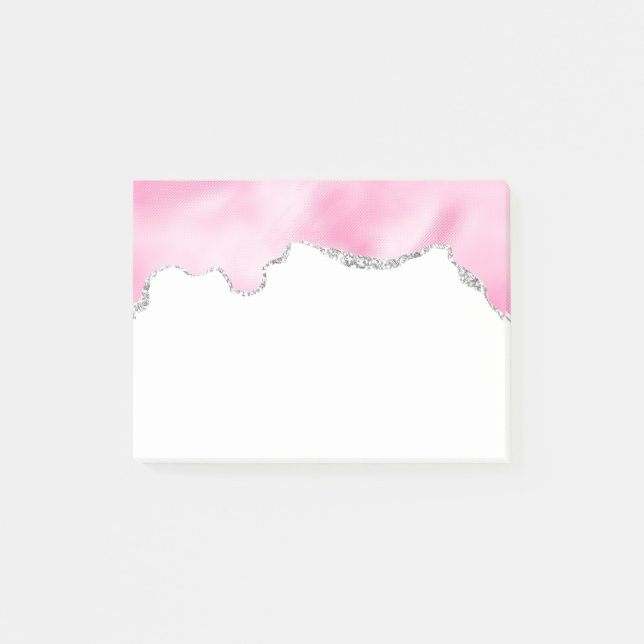Pink & Silver Faux Glitter Border Stylish Post-it Notes (Front)