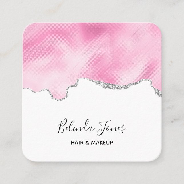 Pink & Silver Faux Glitter Border Stylish Square Business Card (Front)