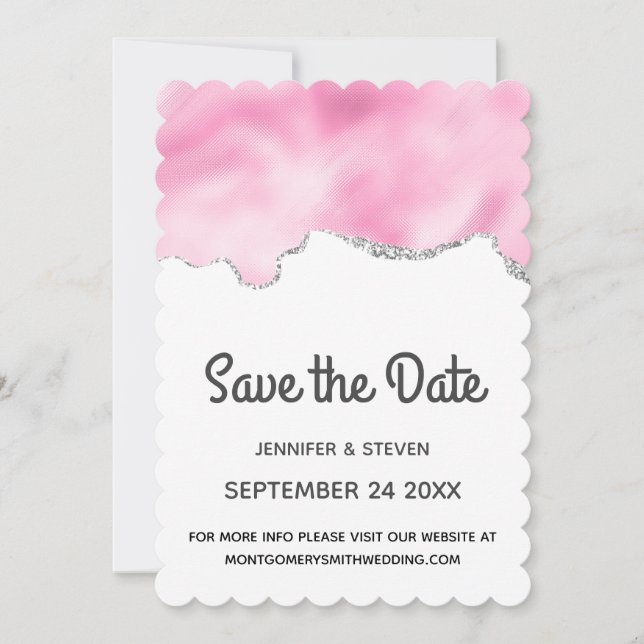 Pink & Silver Faux Glitter Border Stylish Wedding Save The Date (Front)