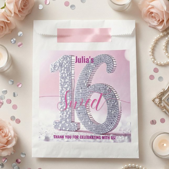 Pink Silver Faux Glitter Diamond Sweet 16 Favour Bag (Creator Uploaded)