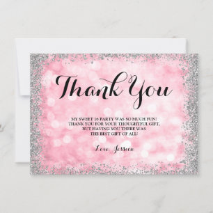 Pink Silver Faux Glitter Lights Sweet 16 Thank You Card