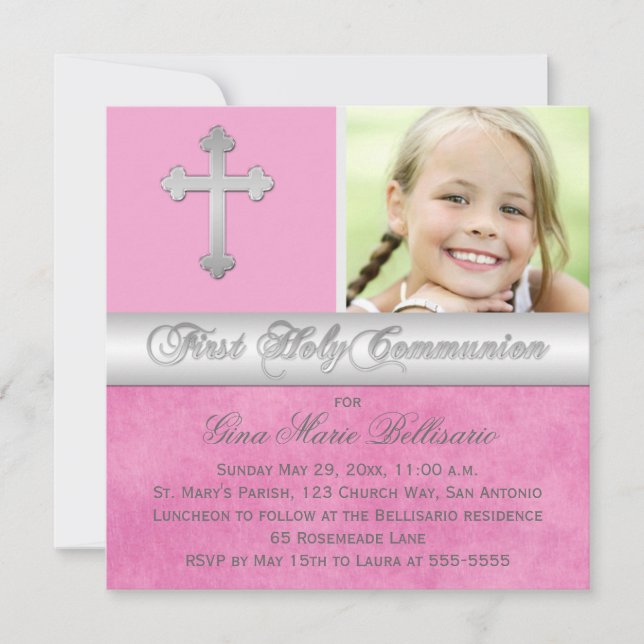 Pink, Silver First Holy Communion Photo Invitation (Front)