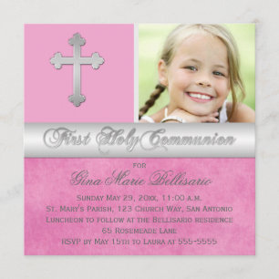 Pink, Silver First Holy Communion Photo Invitation