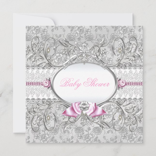 Pink & Silver Floral Bow Baby Shower Invitation (Front)