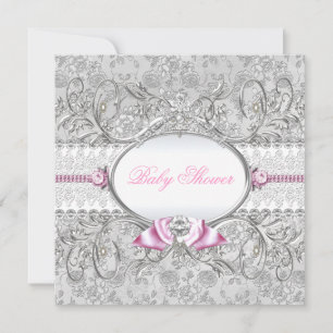 Pink & Silver Floral Bow Baby Shower Invitation