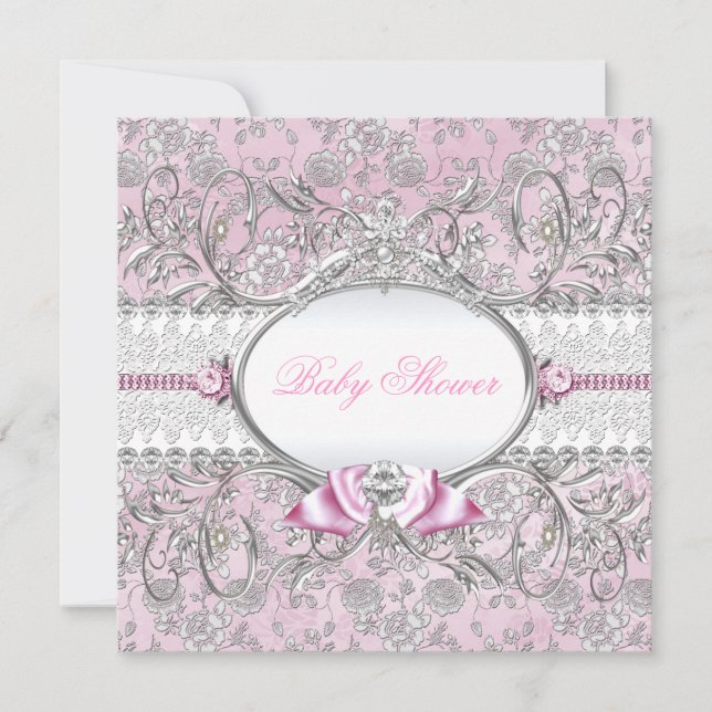 Pink & Silver Floral Bow Baby Shower Invitation (Front)