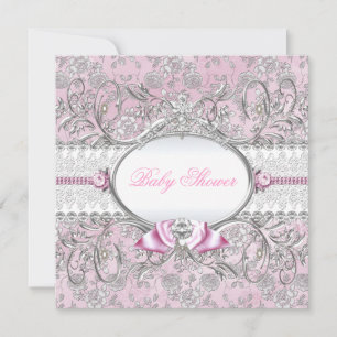 Pink & Silver Floral Bow Baby Shower Invitation