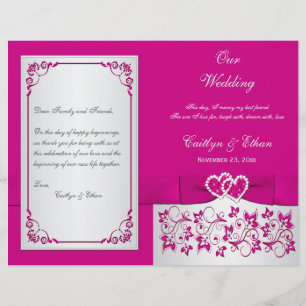 Pink, Silver Floral Hearts Wedding Program