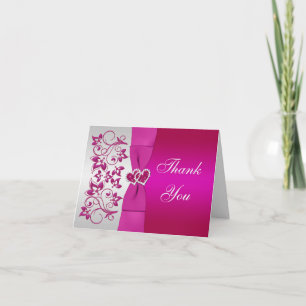 Pink, Silver Floral, Hearts Wedding Thank You Card